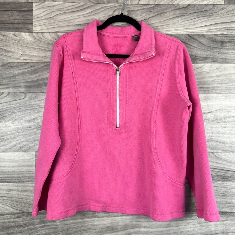 Tommy Bahama Half Zip Sweater Women's Large Pink Knitted Cotton Stretch Pullover